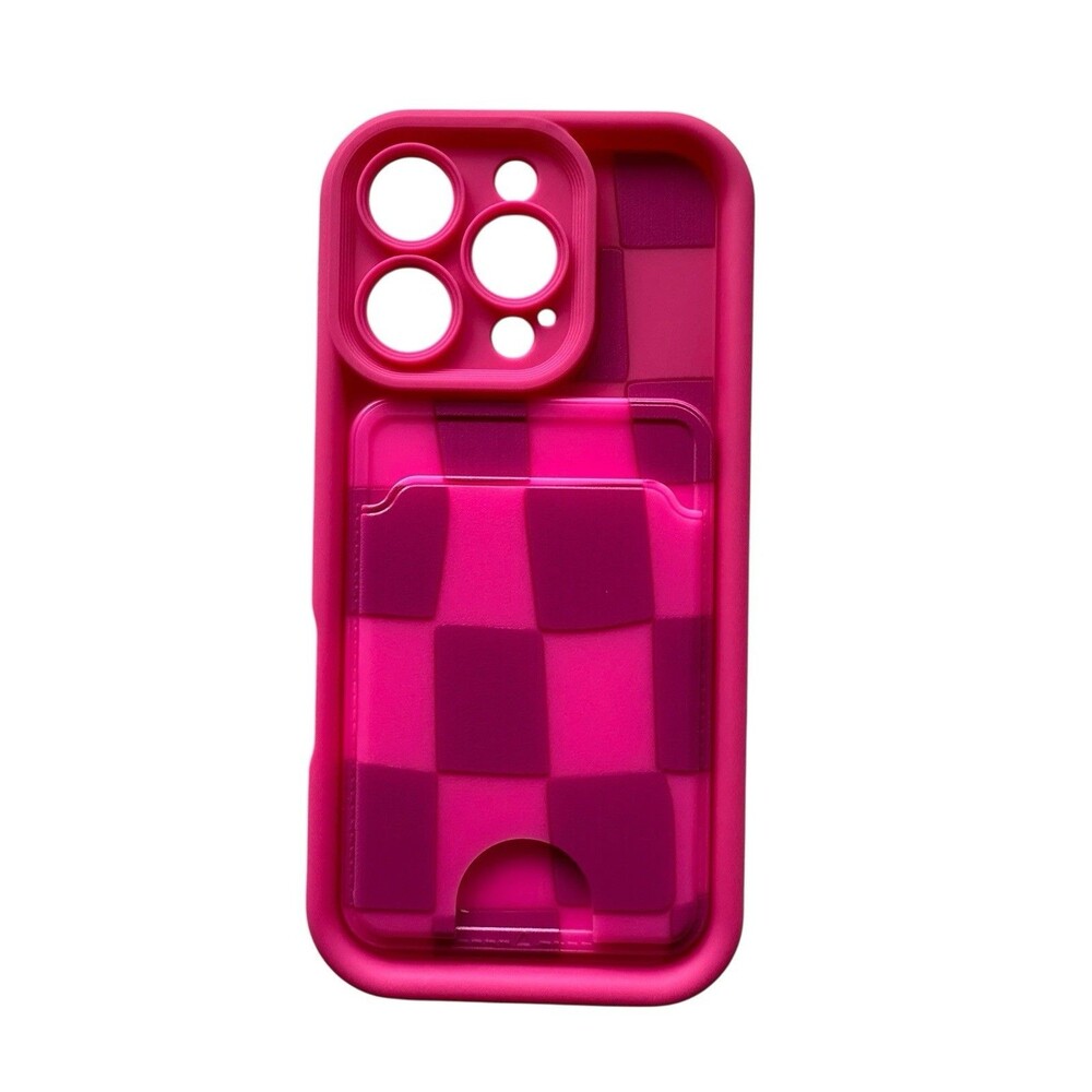 Kanghar Iphone 16 Pro Pink Checkered Case w/ Outside Credit Card Slot Holder